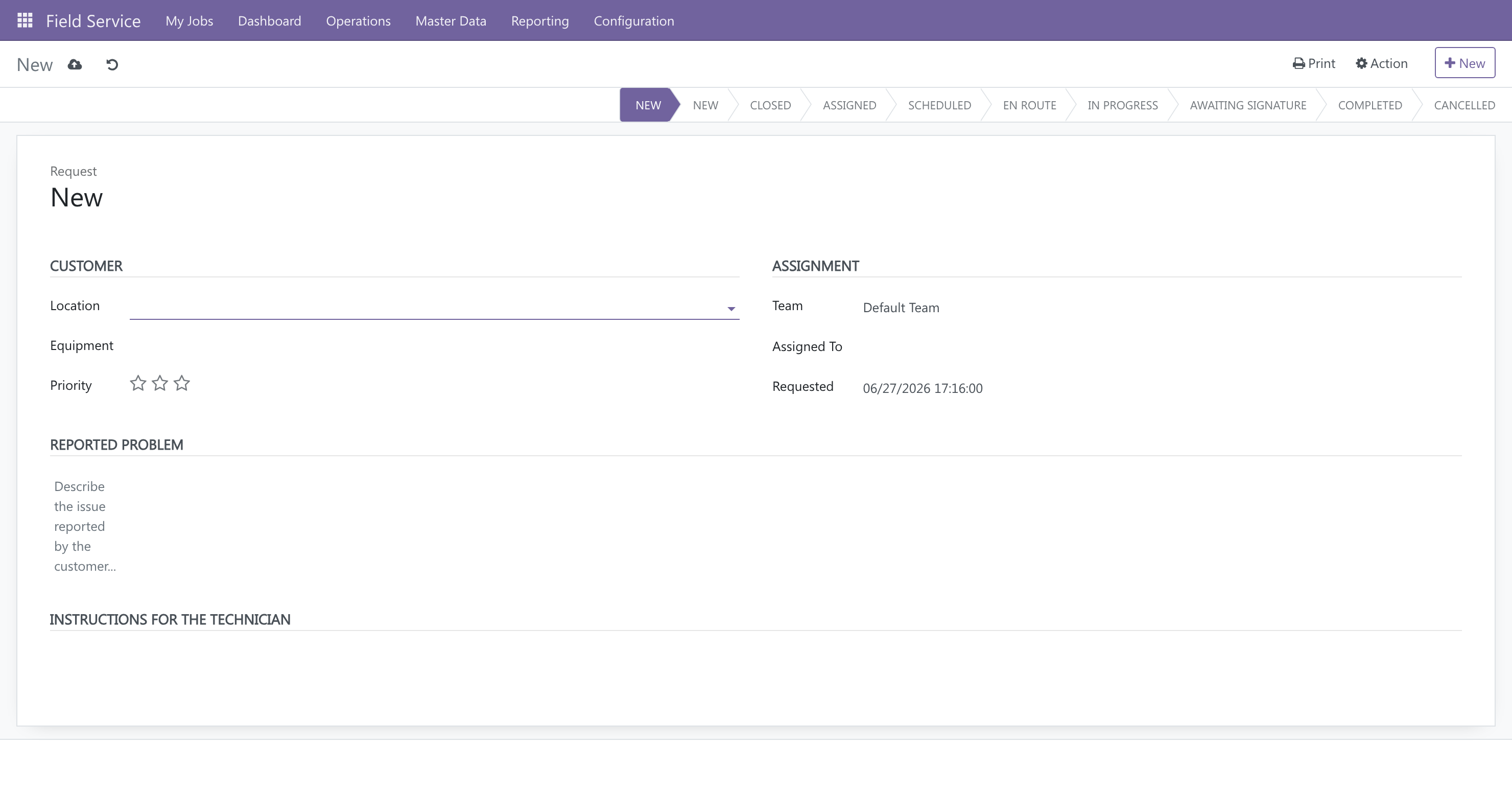 The New Service Request intake form — customer, assignment, reported problem