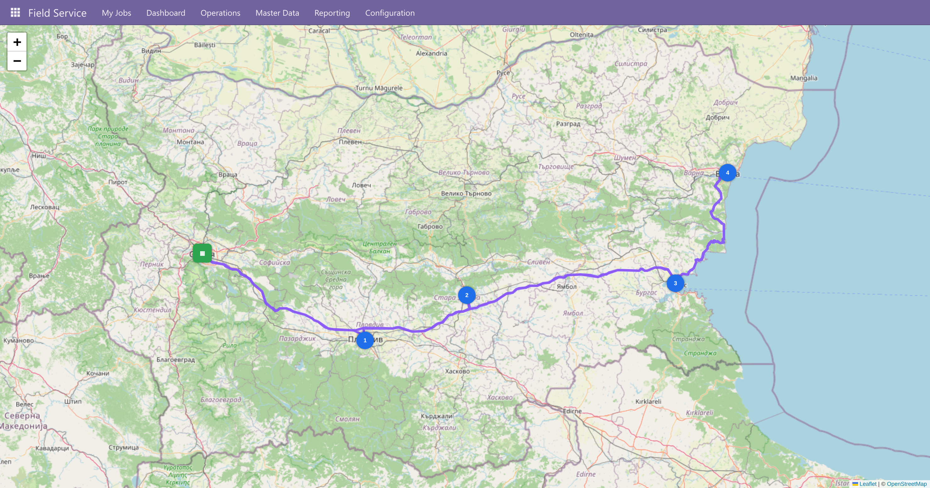 PLANA Field Service route map — optimised stops drawn on a real road map
