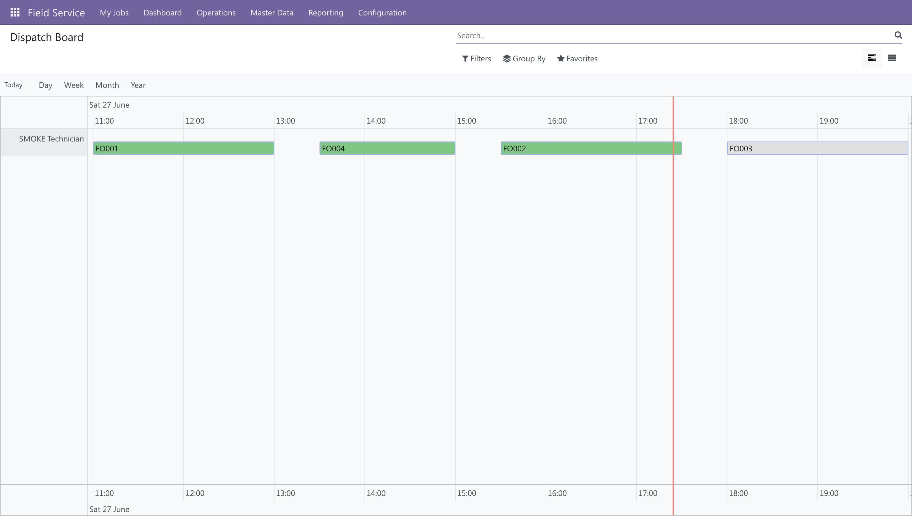 Dispatch board — a stage-coloured timeline of jobs per technician