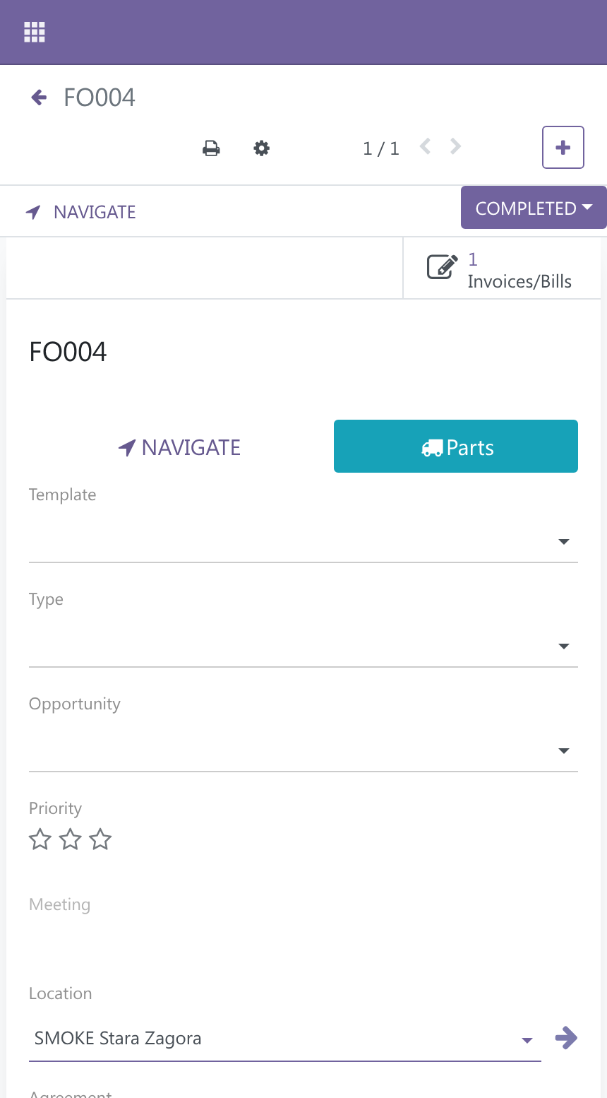 The mobile order screen with big Navigate and Parts buttons