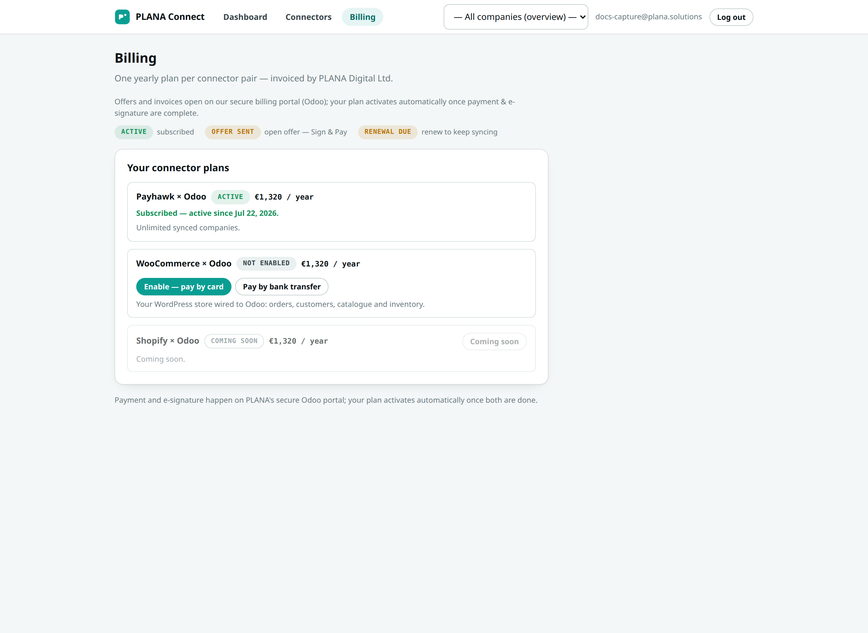 the Billing page with the Payhawk × Odoo yearly plan
