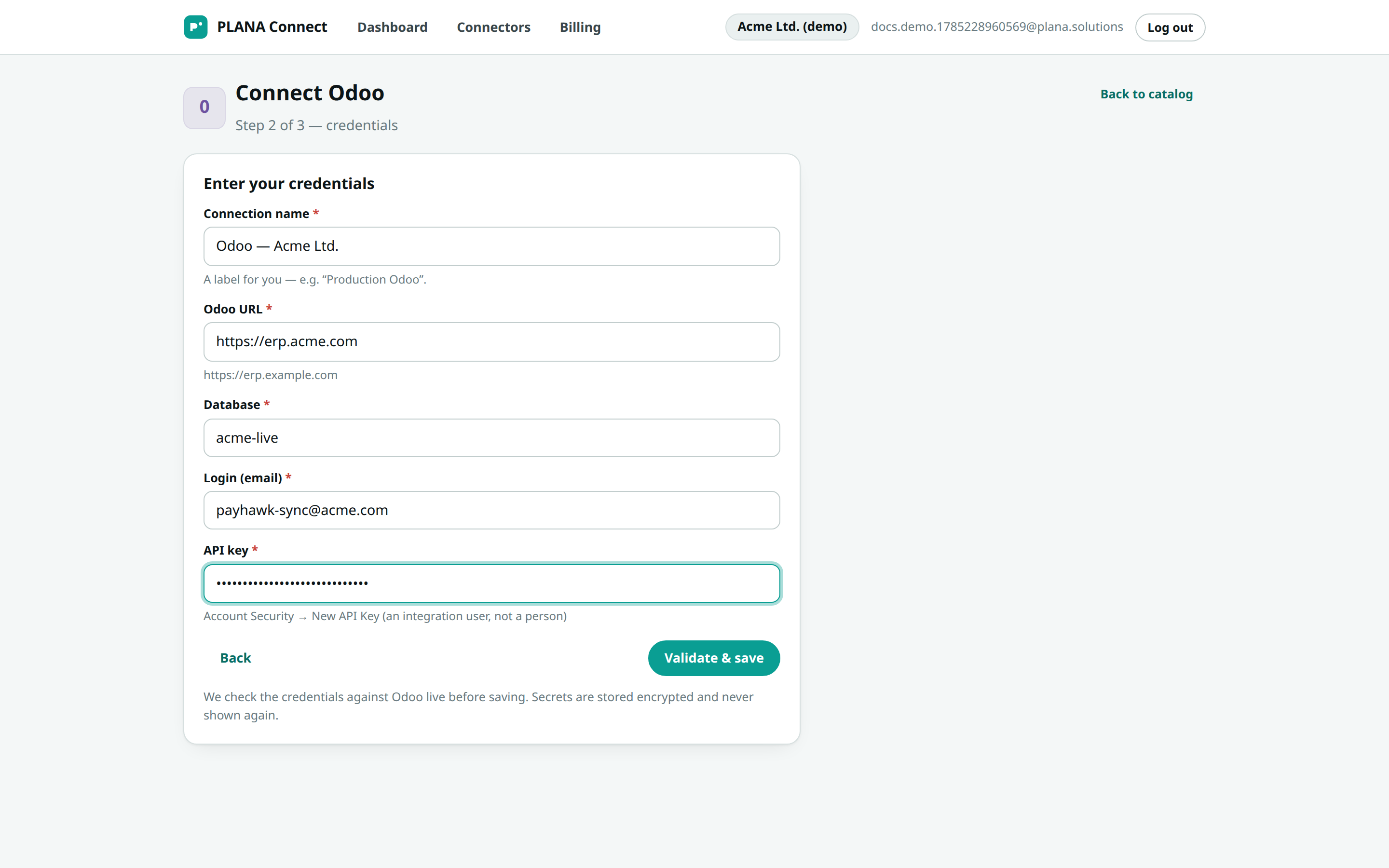 the Odoo "Enter your credentials" step, with URL, Database, Login and API key filled in
