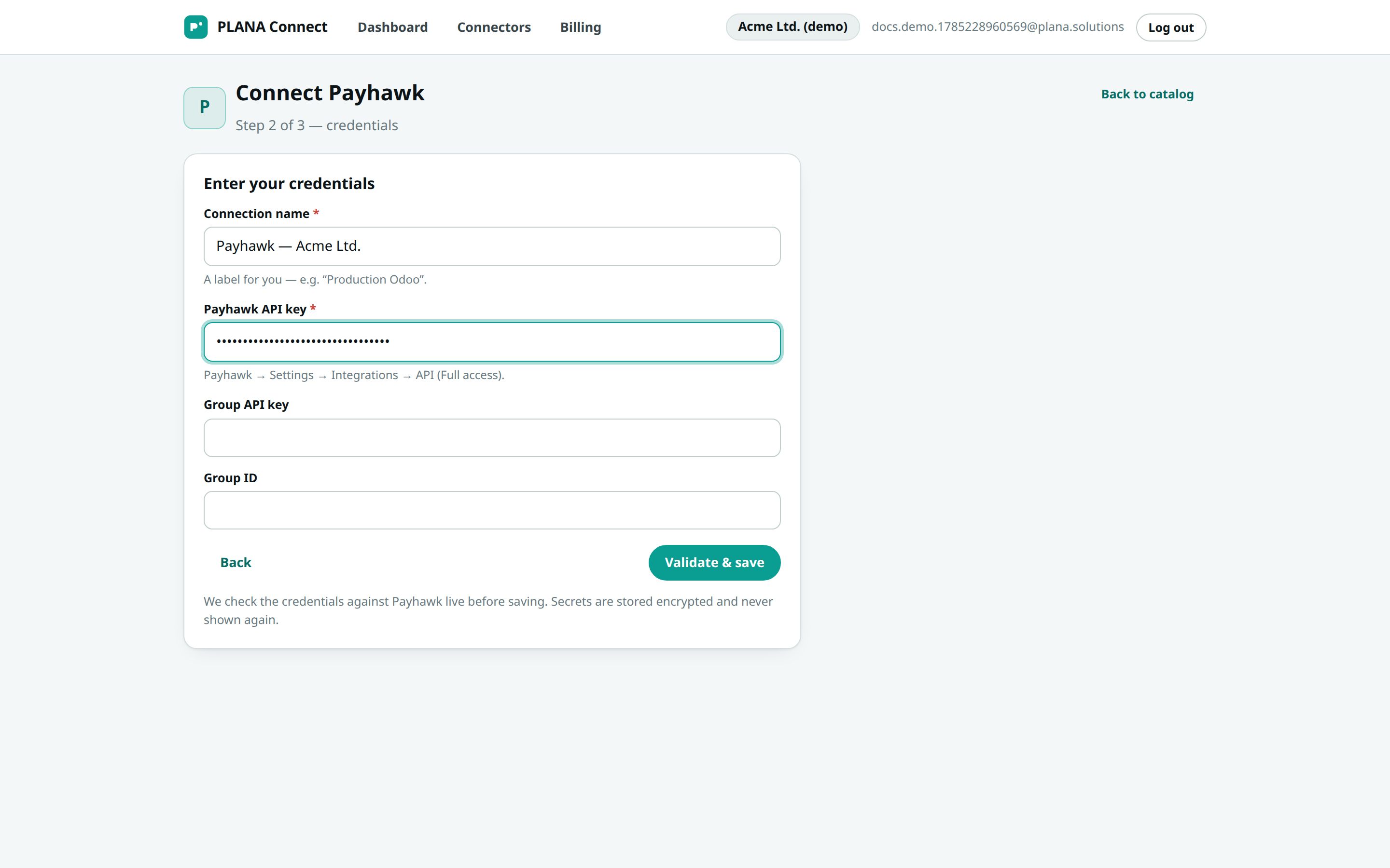 Step 2 "Enter your credentials": Connection name and Payhawk API key fields