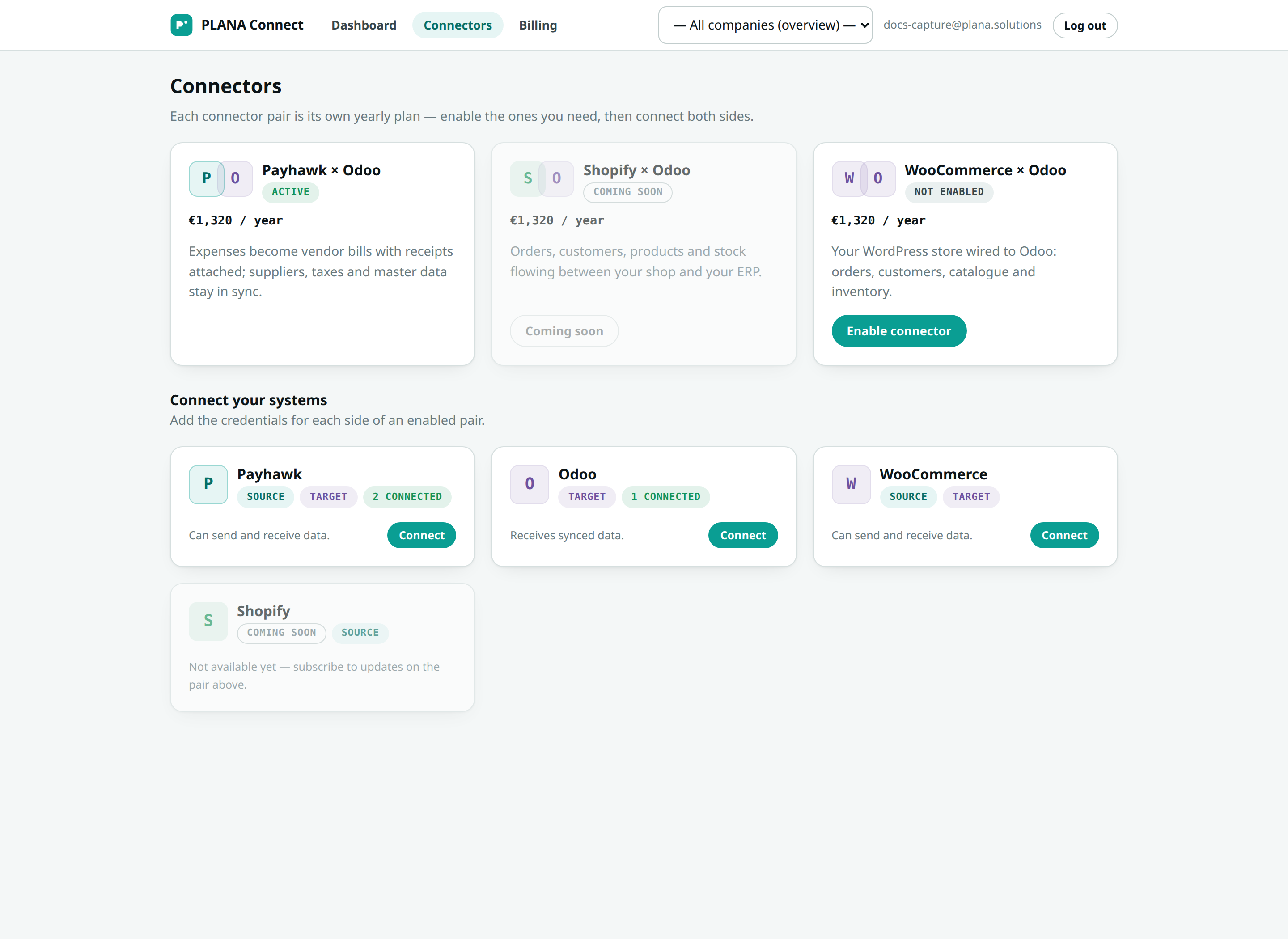 the Connectors catalog: the Payhawk × Odoo pair, plus logo tiles for each system with a Connect button