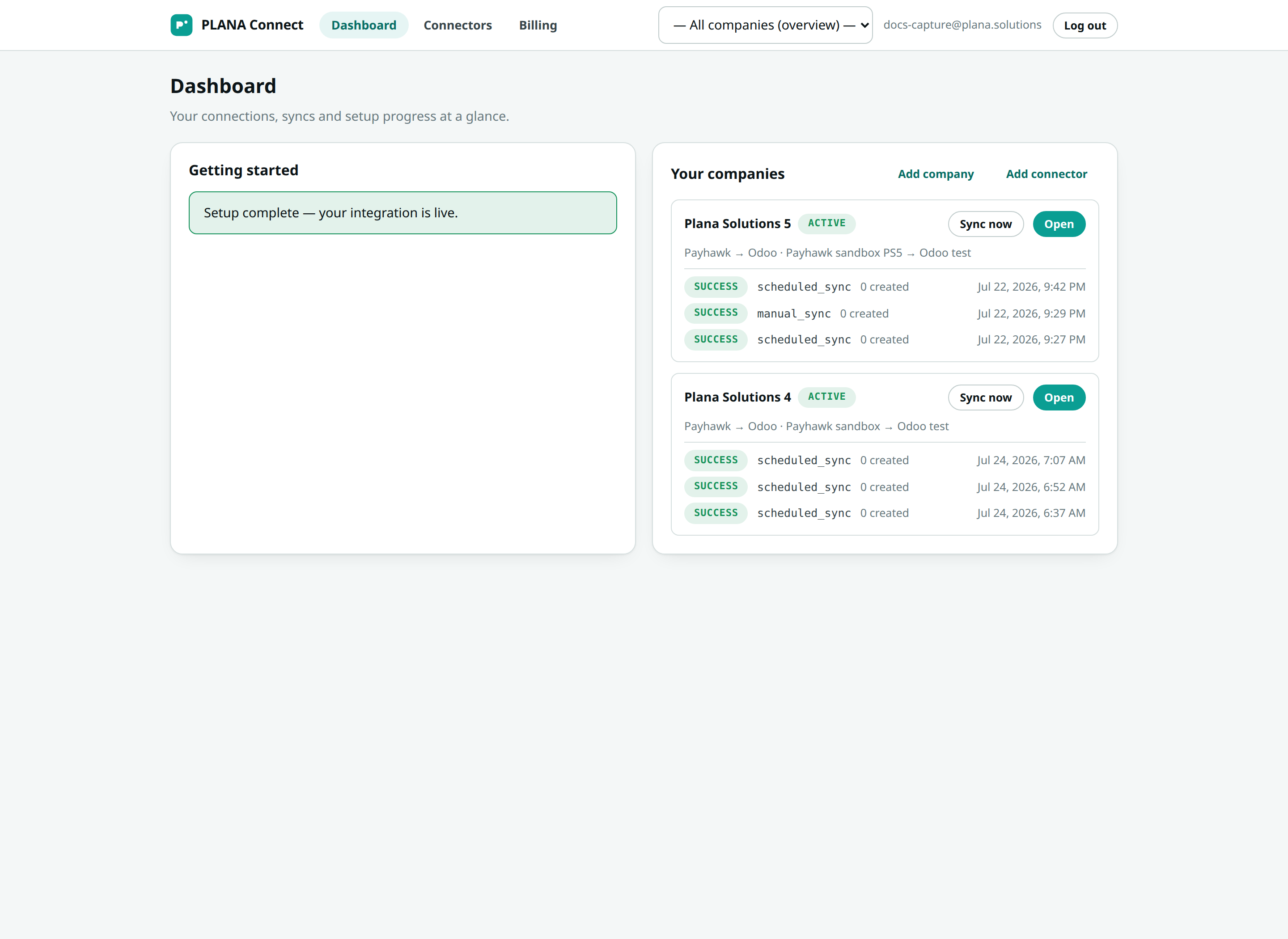 the Dashboard showing the newly created company
