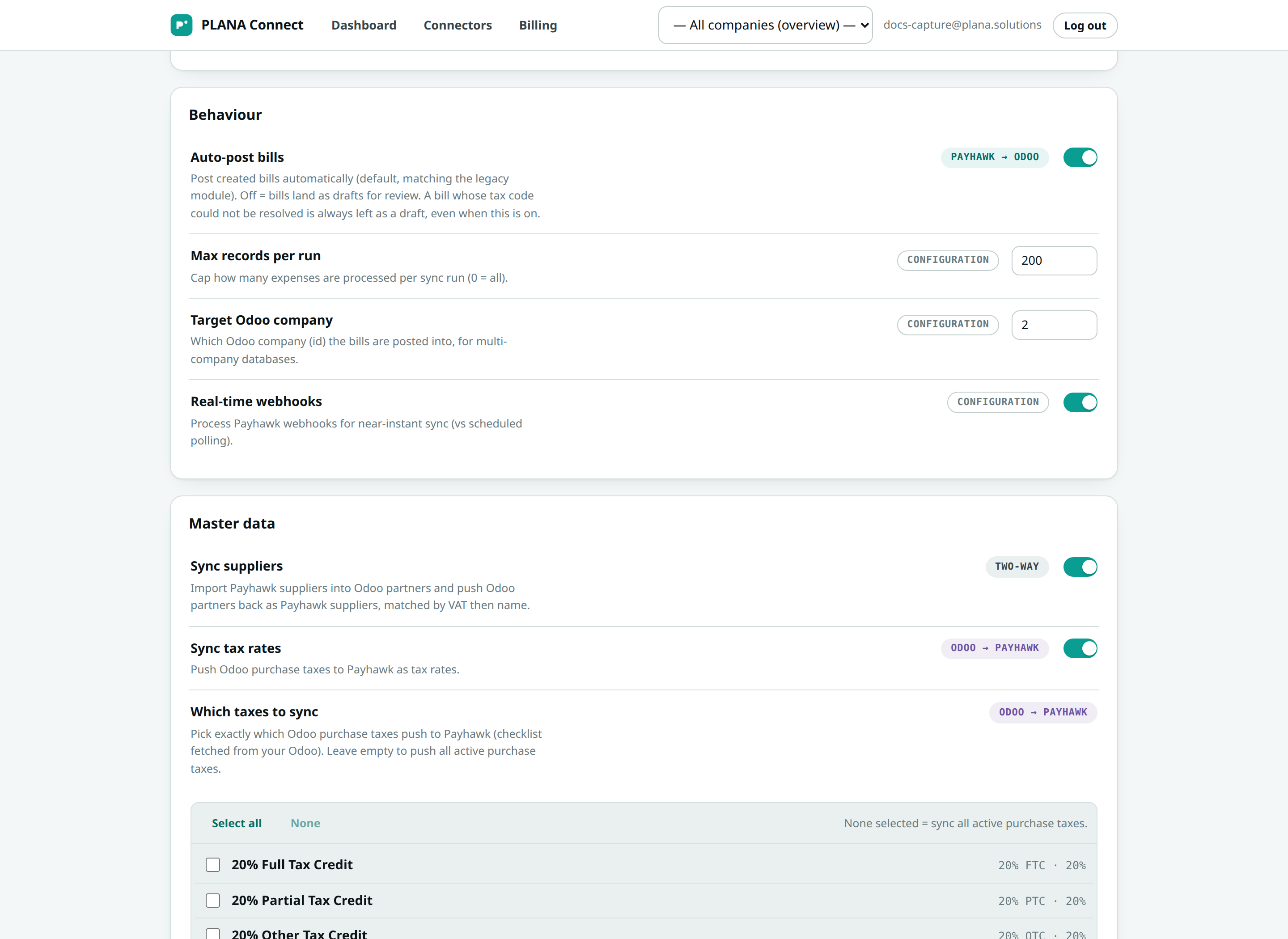 the company Settings page, grouped by what syncs