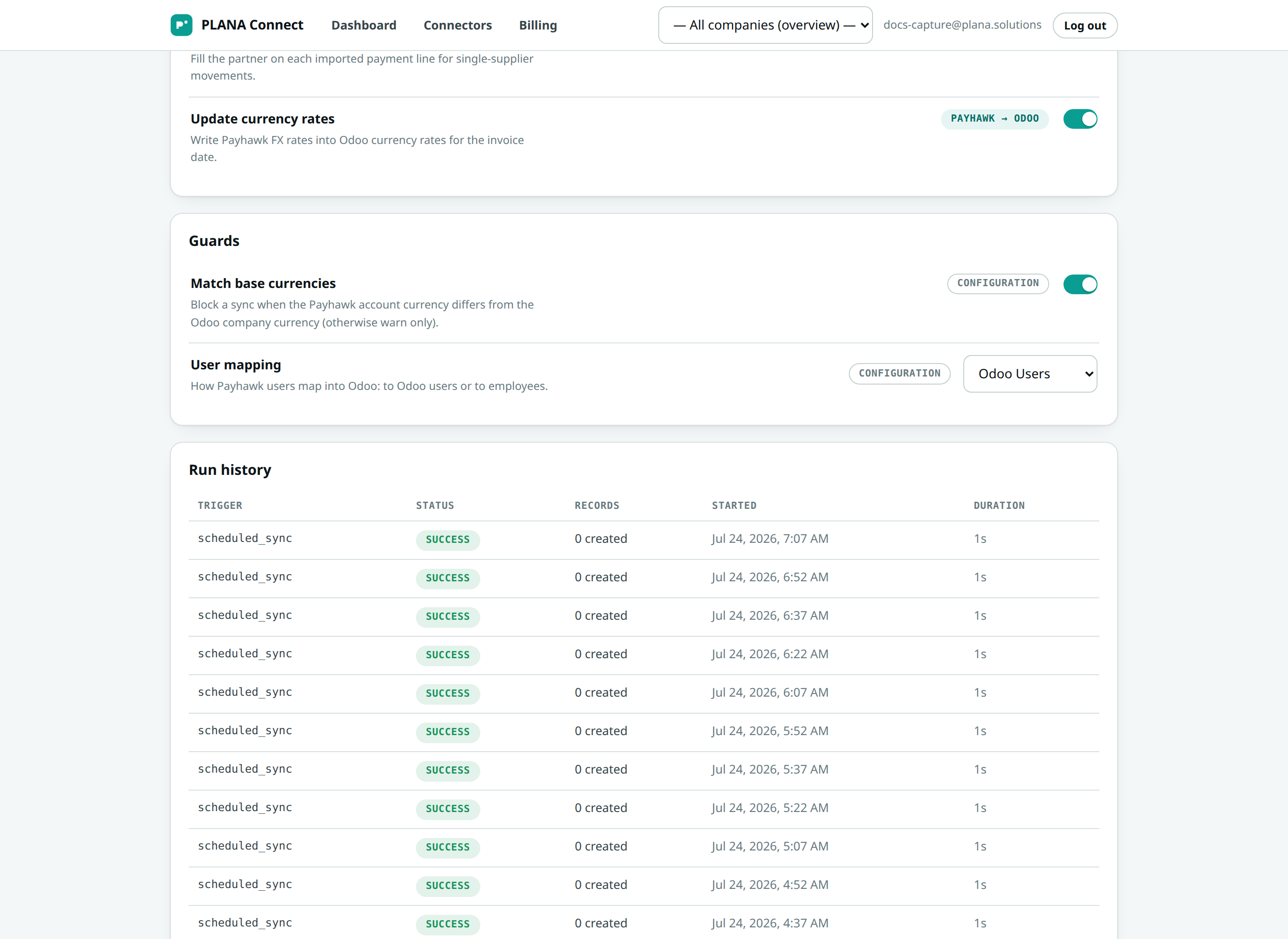 the live run log showing created, updated and skipped counts